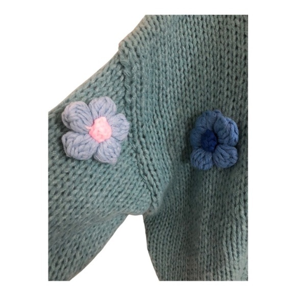 Blue Crochet embroidered blue white pink rosebuds open‎ front oversized cardigan - Picture 9 of 17